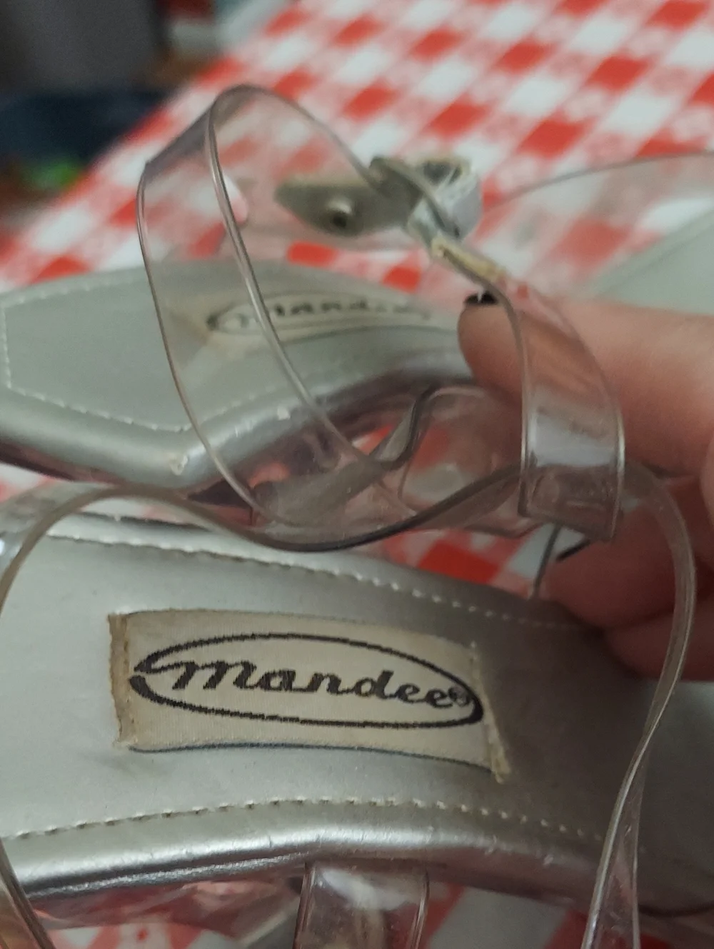 Mandee Clear Rhinestone Block Heel Sandals with Silver Trim